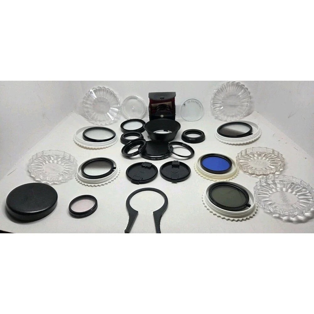 Vtg Camera Filter Lot - Toshiba 49mm, Mostly Tiffin 39/55/72mm, Adapters, Hood